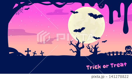 ハロウィンの背景イラスト素材 満月とコウモリと墓地 ゆめかわファンシーな夜空フレーム ハロウィンの背景イラスト素材 満月とコウモリと墓地 ゆめかわファンシーな夜空フレーム 141278822