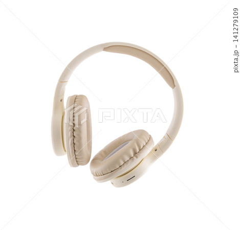 beige headset in unfolded form on a white background demonstrating the inner side beige headset in unfolded form on a white background demonstrating the inner side 141279109