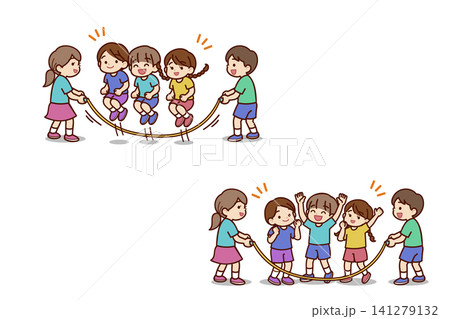 大縄跳びで遊ぶ子供たちのイラスト 大縄跳びで遊ぶ子供たちのイラスト 141279132