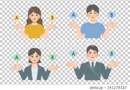 An illustration of a woman and a man smiling and proposing options A and B. An illustration of a woman and a man smiling and proposing options A and B. 141279187