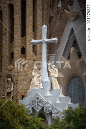 BARCELONA, SPAIN - NOVEMBER 09, 2018 - Exterior elements details of La Sagrada Familia church with scenes from Holy Bible 141279226