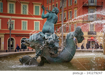 NICE, FRANCE - 02 NOV, 2018 - Details of fountaine du Soleil on Massena square NICE, FRANCE - 02 NOV, 2018 - Details of fountaine du Soleil on Massena square 141279247