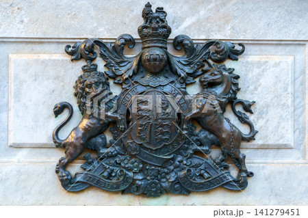 Valletta, Malta - Nov 7 2018, A close up view of the bronze emblem of Great Britain placed on a base of the monument to Queen Victoria, Valletta, Malta Valletta, Malta - Nov 7 2018, A close up view of the bronze emblem of Great Britain placed on a base of the monument to Queen Victoria, Valletta, Malta 141279451