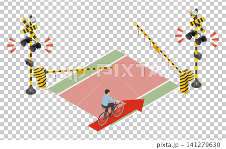Isometric illustration: Bicycle in violation of railroad crossing barrier Isometric illustration: Bicycle in violation of railroad crossing barrier 141279630