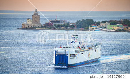 MESSINA, ITALY - NOVEMBER 06, 2018 - Panoramic view of the port in Sicily and the big ferry ship boat MESSINA, ITALY - NOVEMBER 06, 2018 - Panoramic view of the port in Sicily and the big ferry ship boat 141279694