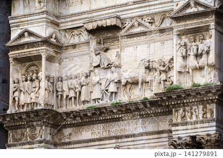 NAPLES, ITALY - NOVEMBER 05, 2018 - The medieval castle of Maschio Angioino or Castel Nuovo or New Castle and its elements of decoration, Napoli 141279891