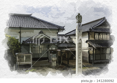 水彩画風 子守唄の里高屋 法泉院 岡山県井原市 水彩画風 子守唄の里高屋 法泉院 岡山県井原市 141280092