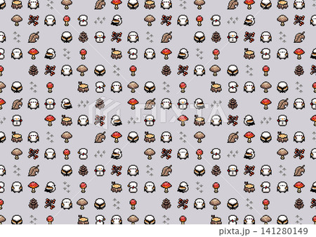 シマエナガとキノコの森ピクセルアート 141280149