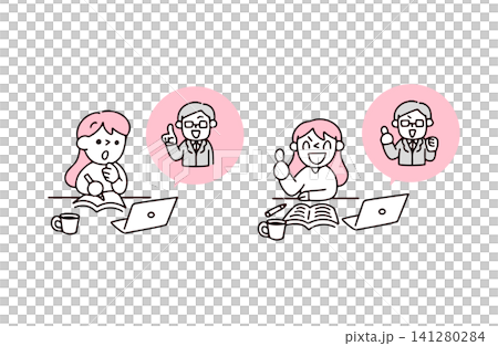 A set of illustrations depicting a young woman studying and achieving her goals through remote instruction from a teacher. 141280284