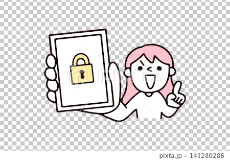 一幅插圖,描繪了一位年輕女子建議人們認真對待智慧型手機安全。 一幅插圖,描繪了一位年輕女子建議人們認真對待智慧型手機安全。 141280286