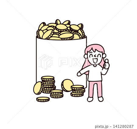 たくさんお金が貯まって喜ぶ若い女性のイラスト たくさんお金が貯まって喜ぶ若い女性のイラスト 141280287