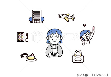 自分へのご褒美を何にしようか考える若いスーツの女性のイラスト 141280291