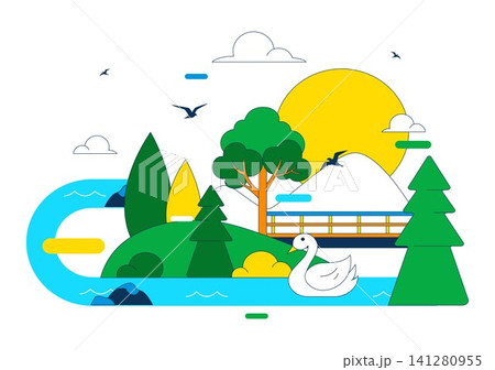 World Rivers Day Vector Illustration Featuring Flowing River Landscape, Forest Nature, Mountain Scenery, Environmental Protection, and Clean Water 141280955