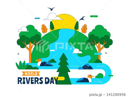 World Rivers Day Vector Illustration Featuring Flowing River Landscape, Forest Nature, Mountain Scenery, Environmental Protection, and Clean Water 141280956