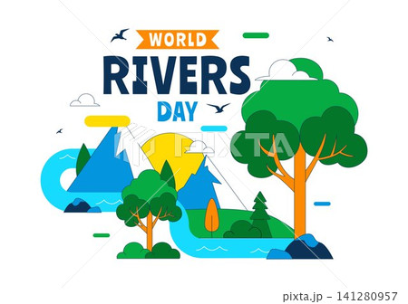 World Rivers Day Vector Illustration Featuring Flowing River Landscape, Forest Nature, Mountain Scenery, Environmental Protection, and Clean Water World Rivers Day Vector Illustration Featuring Flowing River Landscape, Forest Nature, Mountain Scenery, Environmental Protection, and Clean Water 141280957