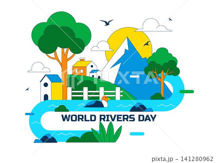 World Rivers Day Vector Illustration Featuring Flowing River Landscape, Forest Nature, Mountain Scenery, Environmental Protection, and Clean Water World Rivers Day Vector Illustration Featuring Flowing River Landscape, Forest Nature, Mountain Scenery, Environmental Protection, and Clean Water 141280962