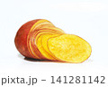 sliced sweet potato arranged in a fan shape and isolated on a white background with a clean clipping path. This image is ideal for food packaging, recipe books, restaurant menus, supermarket catalogs 141281142