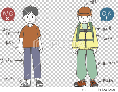 對比徒步服裝的插圖:輕便服裝與專業裝備的對比(警告、安全徒步、禮儀) 對比徒步服裝的插圖:輕便服裝與專業裝備的對比(警告、安全徒步、禮儀) 141281236