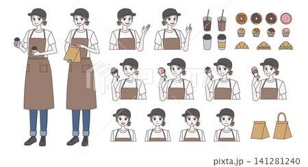 女性カフェ店員イラスト素材セット2 女性カフェ店員イラスト素材セット2 141281240