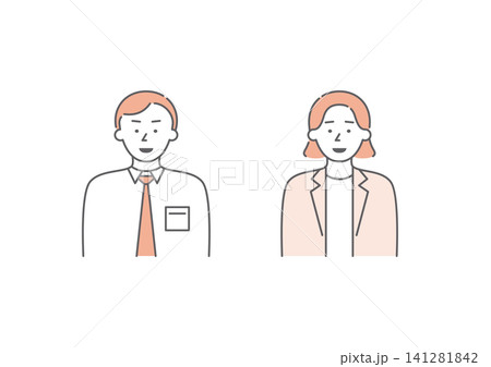 喜怒哀楽の「楽」の表情をしている二人組のビジネスパーソンのイラストセット4（ピンク） 141281842