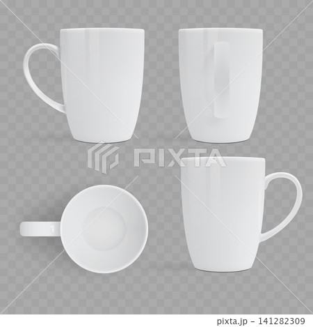 Realistic White Ceramic Mug Mockup Set. Vector 141282309