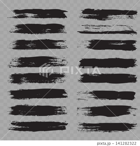 Vector Black Grunge Brush Stroke Set. Rough Ink Smears, Dry Paint Lines and Distressed Textures on Transparent Background. 141282322