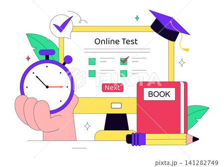Online Test Vector Illustration Featuring Digital Exam, E Learning Assessment, Online Quiz, Remote Education, Knowledge Check, and Virtual Classroom Online Test Vector Illustration Featuring Digital Exam, E Learning Assessment, Online Quiz, Remote Education, Knowledge Check, and Virtual Classroom 141282749