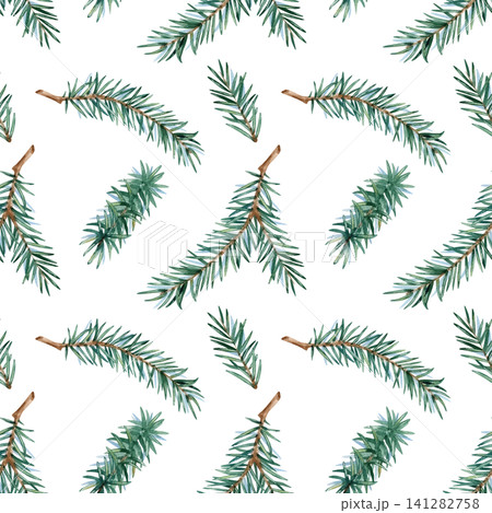 Pine branches pattern seamless on white background. Spruce watercolor twigs repeat ornate. Hand painted isolated Illustration for festive Christmas, New Year packaging, rustic scrapbooking, textile. Pine branches pattern seamless on white background. Spruce watercolor twigs repeat ornate. Hand painted isolated Illustration for festive Christmas, New Year packaging, rustic scrapbooking, textile. 141282758
