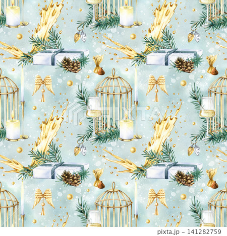 Christmas pattern on light green abstract background. Festive Seamless ornate Golden birdcage, pine branches, candles, beads, sweets and splash of sparkling wine. Isolated hand painted illustration 141282759