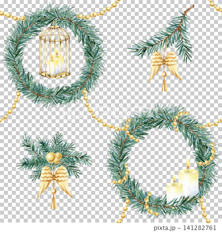 Festive xmas spruce pine branch wreath with golden decor seamless pattern. Holiday background. Watercolor Repeat ornate burning candle, angel wings decoration, birdcage isolated on white. Festive xmas spruce pine branch wreath with golden decor seamless pattern. Holiday background. Watercolor Repeat ornate burning candle, angel wings decoration, birdcage isolated on white. 141282761