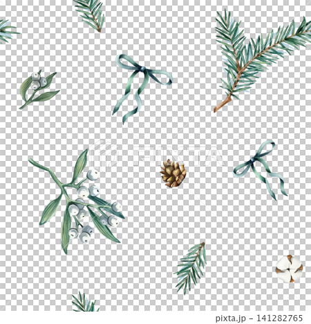 Christmas winter seamless pattern, repeat xmas ornament. Watercolor spruce branch, cotton flowers, pine cone and mistletoe, green bow. Hand drawn illustration isolated on white. For festive packaging. Christmas winter seamless pattern, repeat xmas ornament. Watercolor spruce branch, cotton flowers, pine cone and mistletoe, green bow. Hand drawn illustration isolated on white. For festive packaging. 141282765