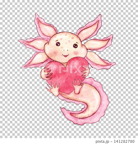 Watercolor Pink axolotl holding big vibrant red heart. Cute hand-painted romantic and adorable character clipart isolated on white. Illustration for Valentine's Day cards, stickers, kids decor. Watercolor Pink axolotl holding big vibrant red heart. Cute hand-painted romantic and adorable character clipart isolated on white. Illustration for Valentine's Day cards, stickers, kids decor. 141282780