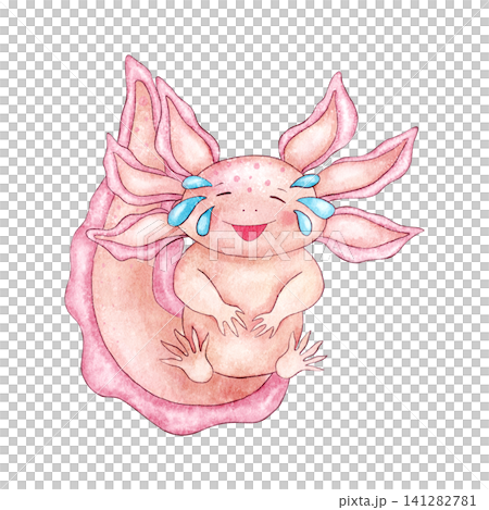 Axolotl smiling with tears of joy isolated on white background. Watercolor cute pink salamander character, amphibian. Hand painted illustration with water droplets for children's content, stickers. Axolotl smiling with tears of joy isolated on white background. Watercolor cute pink salamander character, amphibian. Hand painted illustration with water droplets for children's content, stickers. 141282781