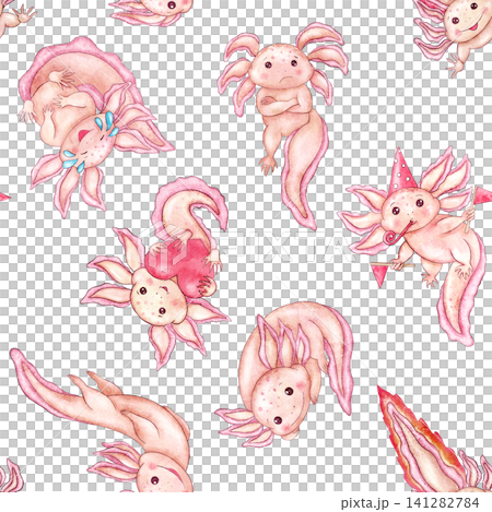Axolotl seamless pattern isolated on white background. Watercolor pink cute hand painted characters baby aquatic salamander with various emotions. Illustration for wrapping paper, cards, stationery. Axolotl seamless pattern isolated on white background. Watercolor pink cute hand painted characters baby aquatic salamander with various emotions. Illustration for wrapping paper, cards, stationery. 141282784