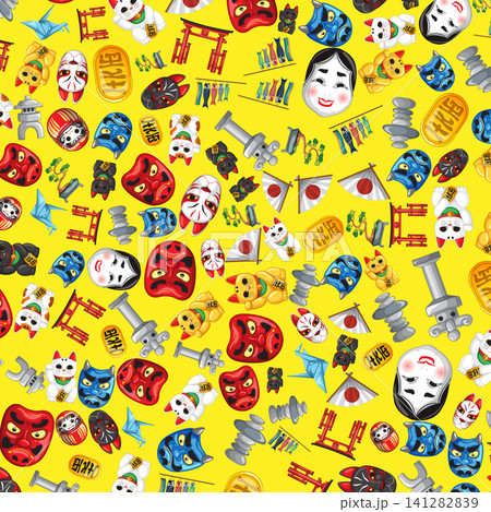 Seamless Vector Pattern with Traditional Japanese Cultural Icons on Yellow Background Seamless Vector Pattern with Traditional Japanese Cultural Icons on Yellow Background 141282839
