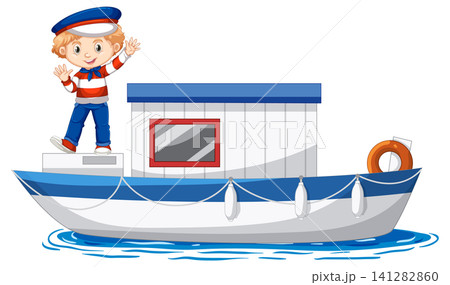 Cartoon Boy in Sailor Outfit Waving from a Small Fishing Boat Cartoon Boy in Sailor Outfit Waving from a Small Fishing Boat 141282860