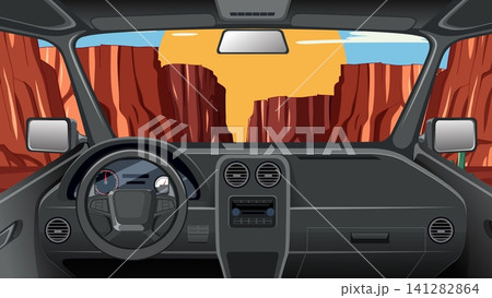Vector Illustration of Car Interior Driving Through Desert Canyon at Sunset 141282864