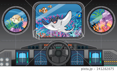 Submarine Cockpit View of Cartoon Sea Life and Coral Reef Submarine Cockpit View of Cartoon Sea Life and Coral Reef 141282875