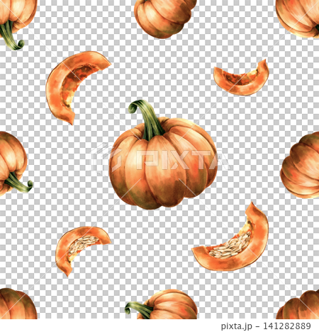 Watercolor ripe pumpkins seamless pattern. Cut pumpkin slices autumn harvest vegetable isolated on white background. Repeating hand painted illustration for fall design, Thanksgiving, textile design. Watercolor ripe pumpkins seamless pattern. Cut pumpkin slices autumn harvest vegetable isolated on white background. Repeating hand painted illustration for fall design, Thanksgiving, textile design. 141282889