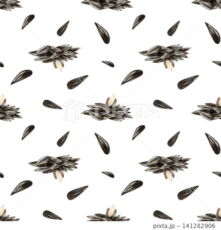 Sunflower seeds seamless pattern watercolor. Pile of black seeds, open kernel. Isolated on white background. Hand painted illustration for snack packaging design, healthy food label, oil production. Sunflower seeds seamless pattern watercolor. Pile of black seeds, open kernel. Isolated on white background. Hand painted illustration for snack packaging design, healthy food label, oil production. 141282906