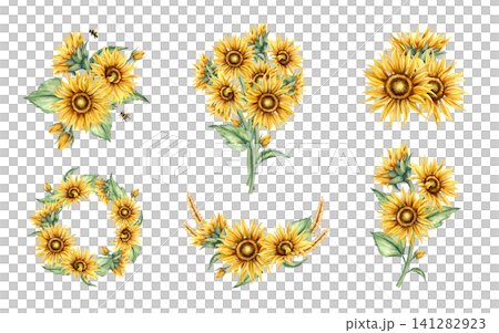 Hand painted watercolor clip art set of sunflower compositions. Beautiful floral wreath, autumn bouquets, versatile arrangements with vibrant yellow flowers, lush green leaves. Isolated background. Hand painted watercolor clip art set of sunflower compositions. Beautiful floral wreath, autumn bouquets, versatile arrangements with vibrant yellow flowers, lush green leaves. Isolated background. 141282923