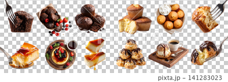 Set of 4 bread cake sweet pastry, fork spoon plated serve, Profiterole Cream Puff with ganache, Caramel flan pudding custard, Basic chocolate cocoa muffin, transparent cutout PNG mockup Set of 4 bread cake sweet pastry, fork spoon plated serve, Profiterole Cream Puff with ganache, Caramel flan pudding custard, Basic chocolate cocoa muffin, transparent cutout PNG mockup 141283023