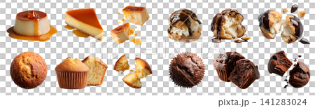 4 bread cake sweet pastry set. Profiterole Cream Puff with ganache Caramel flan pudding custard, Basic and chocolate cocoa muffin, whole bitten broken, transparent cutout PNG mockup for design 4 bread cake sweet pastry set. Profiterole Cream Puff with ganache Caramel flan pudding custard, Basic and chocolate cocoa muffin, whole bitten broken, transparent cutout PNG mockup for design 141283024