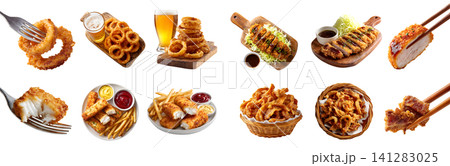4 golden fried battered food set, onion rings calamari, pork lards crackling scratching rind, fish fingers sticks, pork chicken cutlet tonkatsu katsu, fork chopstick served, transparent cutout PNG 4 golden fried battered food set, onion rings calamari, pork lards crackling scratching rind, fish fingers sticks, pork chicken cutlet tonkatsu katsu, fork chopstick served, transparent cutout PNG 141283025