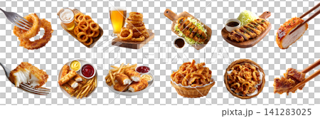 4 golden fried battered food set, onion rings calamari, pork lards crackling scratching rind, fish fingers sticks, pork chicken cutlet tonkatsu katsu, fork chopstick served, transparent cutout PNG 4 golden fried battered food set, onion rings calamari, pork lards crackling scratching rind, fish fingers sticks, pork chicken cutlet tonkatsu katsu, fork chopstick served, transparent cutout PNG 141283025
