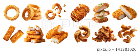 Set of 4 golden fried food, chicken meat cutlet tonkatsu katsu, pork lards crackling scratching rind, onion rings calamari squid, fish fingers sticks, broken pile, transparent cutout PNG Set of 4 golden fried food, chicken meat cutlet tonkatsu katsu, pork lards crackling scratching rind, onion rings calamari squid, fish fingers sticks, broken pile, transparent cutout PNG 141283026