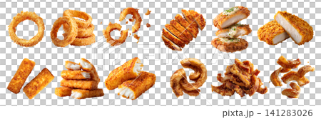 Set of 4 golden fried food, chicken meat cutlet tonkatsu katsu, pork lards crackling scratching rind, onion rings calamari squid, fish fingers sticks, broken pile, transparent cutout PNG Set of 4 golden fried food, chicken meat cutlet tonkatsu katsu, pork lards crackling scratching rind, onion rings calamari squid, fish fingers sticks, broken pile, transparent cutout PNG 141283026