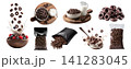 Set of chocolate cocoa whole grain oats cereal loops rings breakfast snack, serving board with milk splash, bowl spoon, takeout standup plastic pouch bag, fly stack pile, transparent cutout PNG mockup 141283045