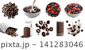Set of whole grain oats chocolate cocoa cereal loops rings breakfast, bowl with berries fruit, yogurt milk splash, glass jar, takeout bag, fly stack pile cluster, transparent cutout PNG mockup 141283046