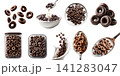 Set of whole grain chocolate cocoa oats cereal loops rings breakfast snack, bowl spoon with milk, yogurt milk splash, airtight container, fly stack pile cluster, transparent cutout PNG mockup 141283047
